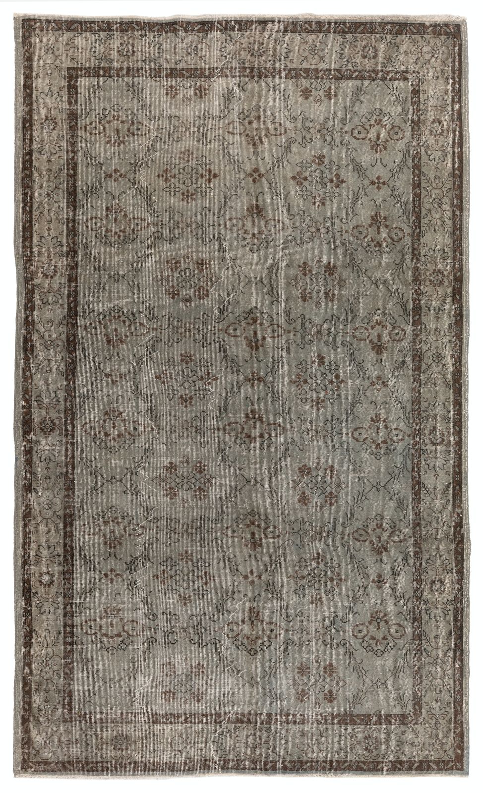 5.7x9.4 Ft Mid Century Area Rug Overdyed In Gray, Handknotted In Turkey