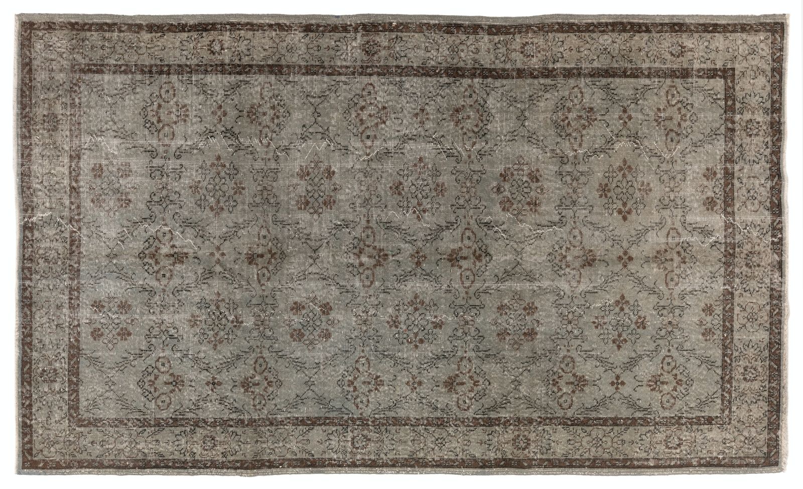 5.7x9.4 Ft Mid Century Area Rug Overdyed In Gray, Handknotted In Turkey photo furniture