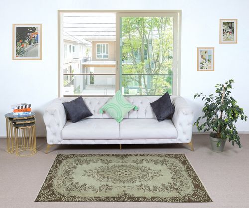 3.8x6.8 Ft Modern Handmade Turkish Rug In Green. Medallion Design Accent Rug photo furniture