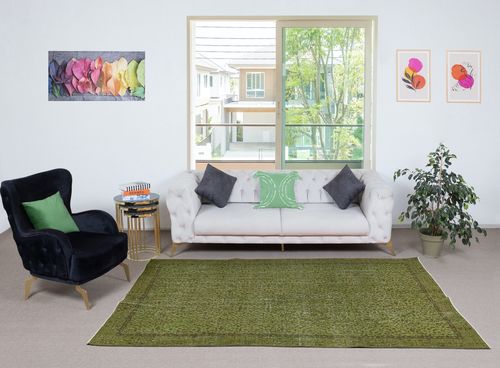 5.2x8.7 Ft Modern Handmade Floral Patterned Turkish Wool Area Rug In Green Color photo furniture