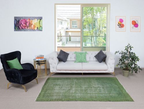 5x7.7 Ft Modern Handmade Wool Area Rug Overdyed In Green, Distressed Turkish Rug photo furniture