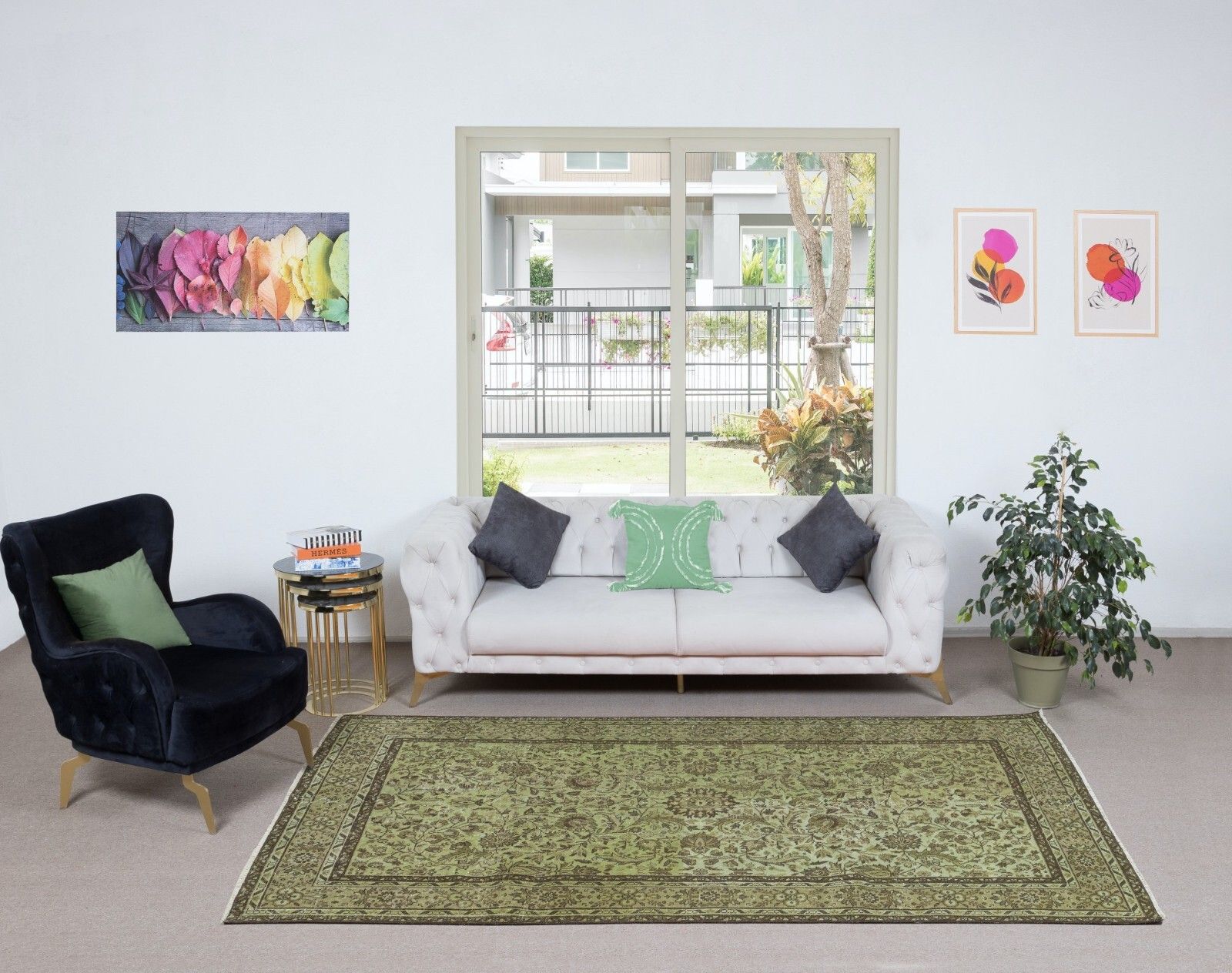 5.7x9.6 Ft Modern Handmade Turkish Rug With Botanical Design & Green Background photo furniture