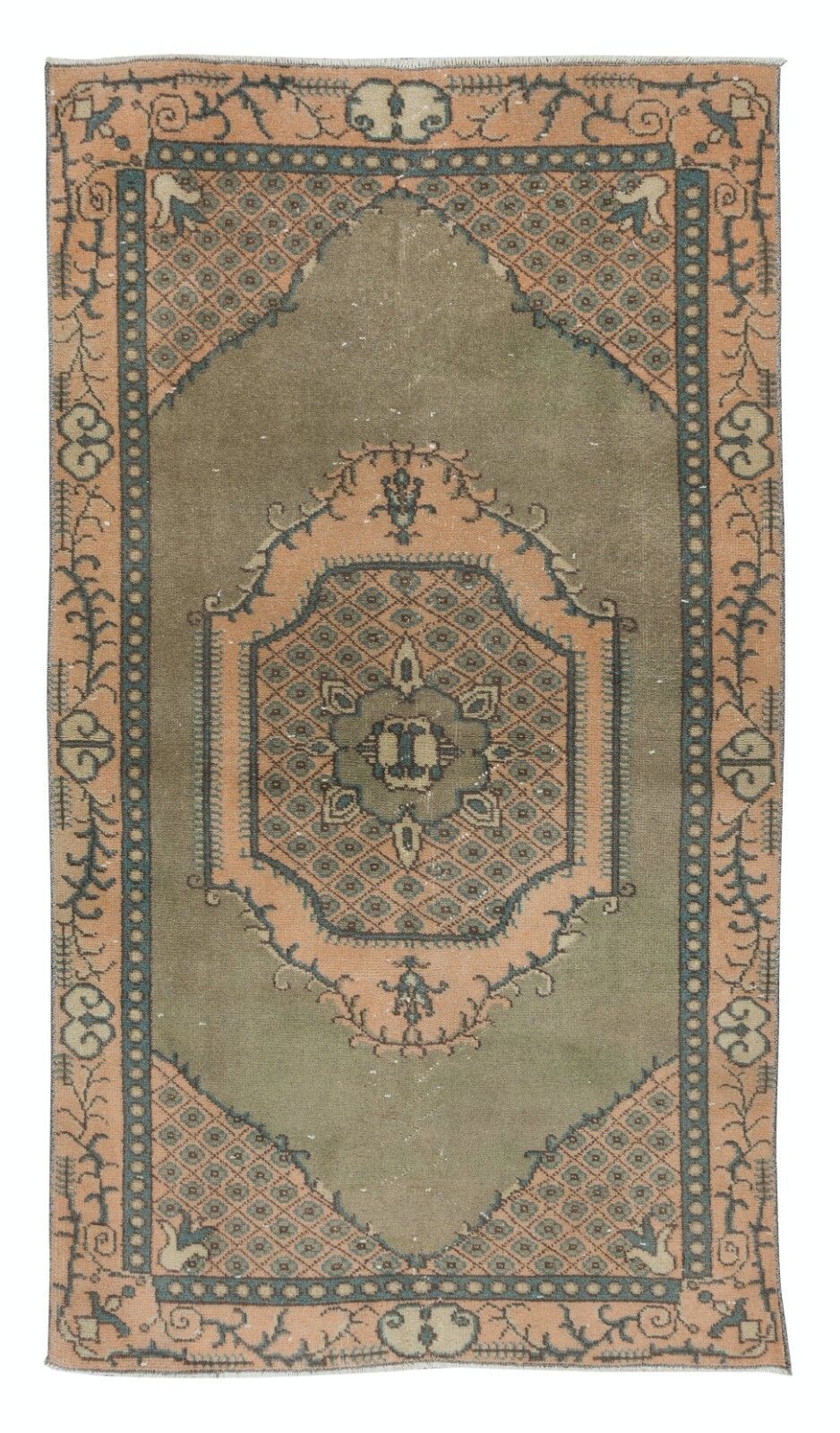 3.7x6.3 Ft Green Accent Rug, Handmade Turkish Geometric Medallion Design Carpet