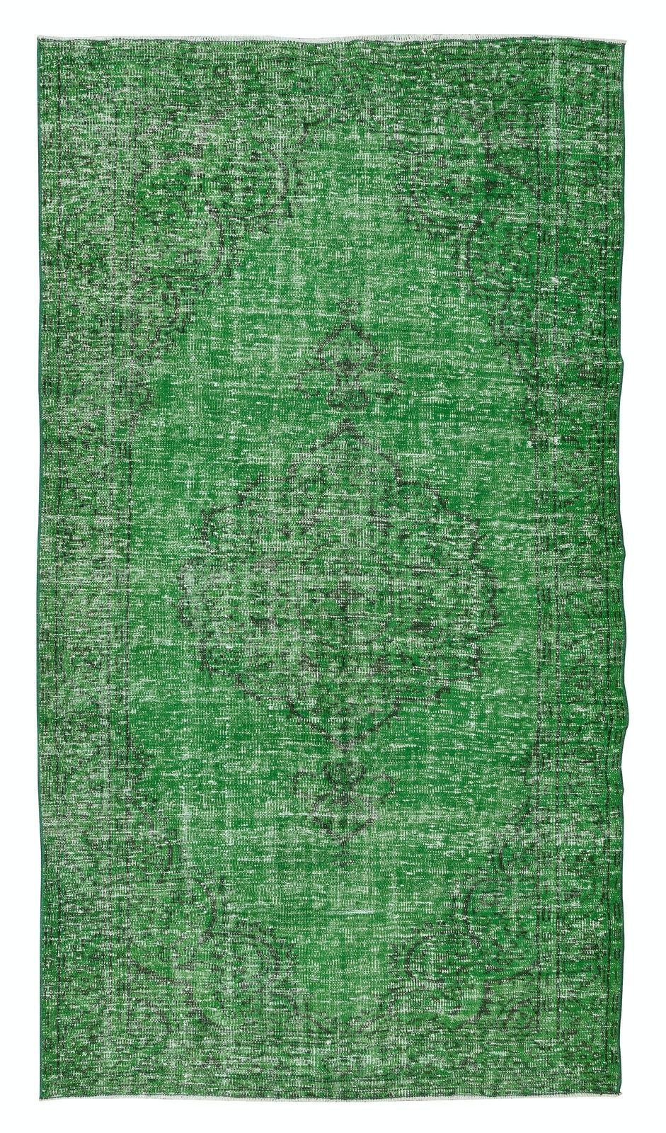 5.2x9.3 Ft Vintage Handmade Turkish Rug Over Dyed In Green For Modern Interiors