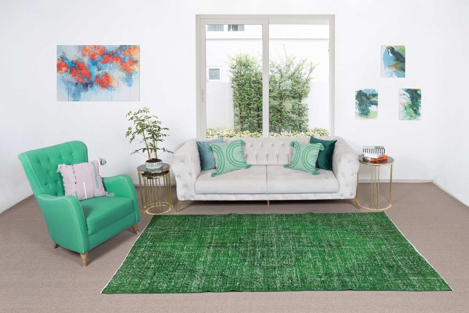 5.2x9.3 Ft Vintage Handmade Turkish Rug Over Dyed In Green For Modern Interiors photo furniture