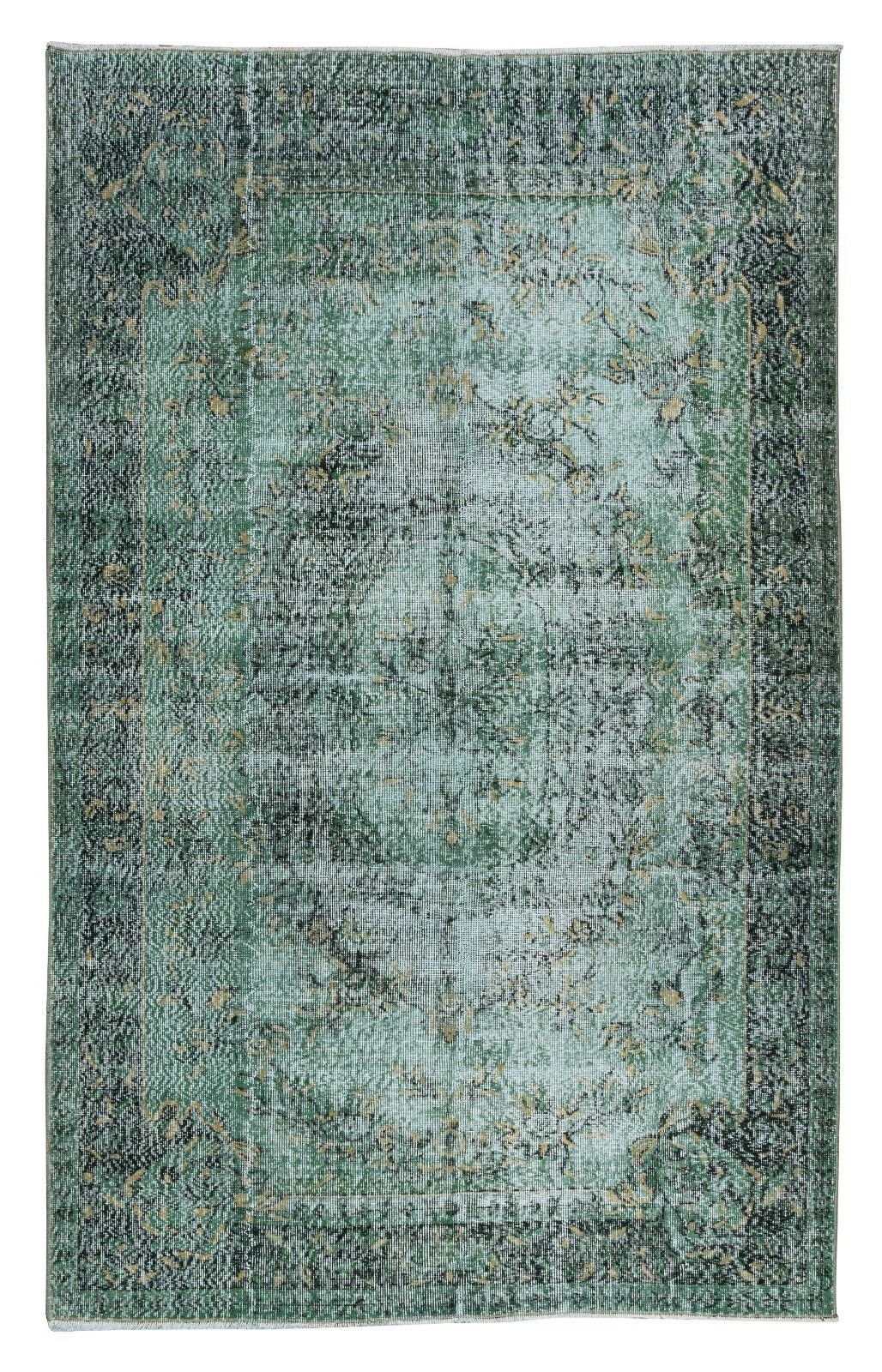 6x9.5 Ft Modern Green Area Rug, Hand Knotted Turkish Vintage Wool Carpet