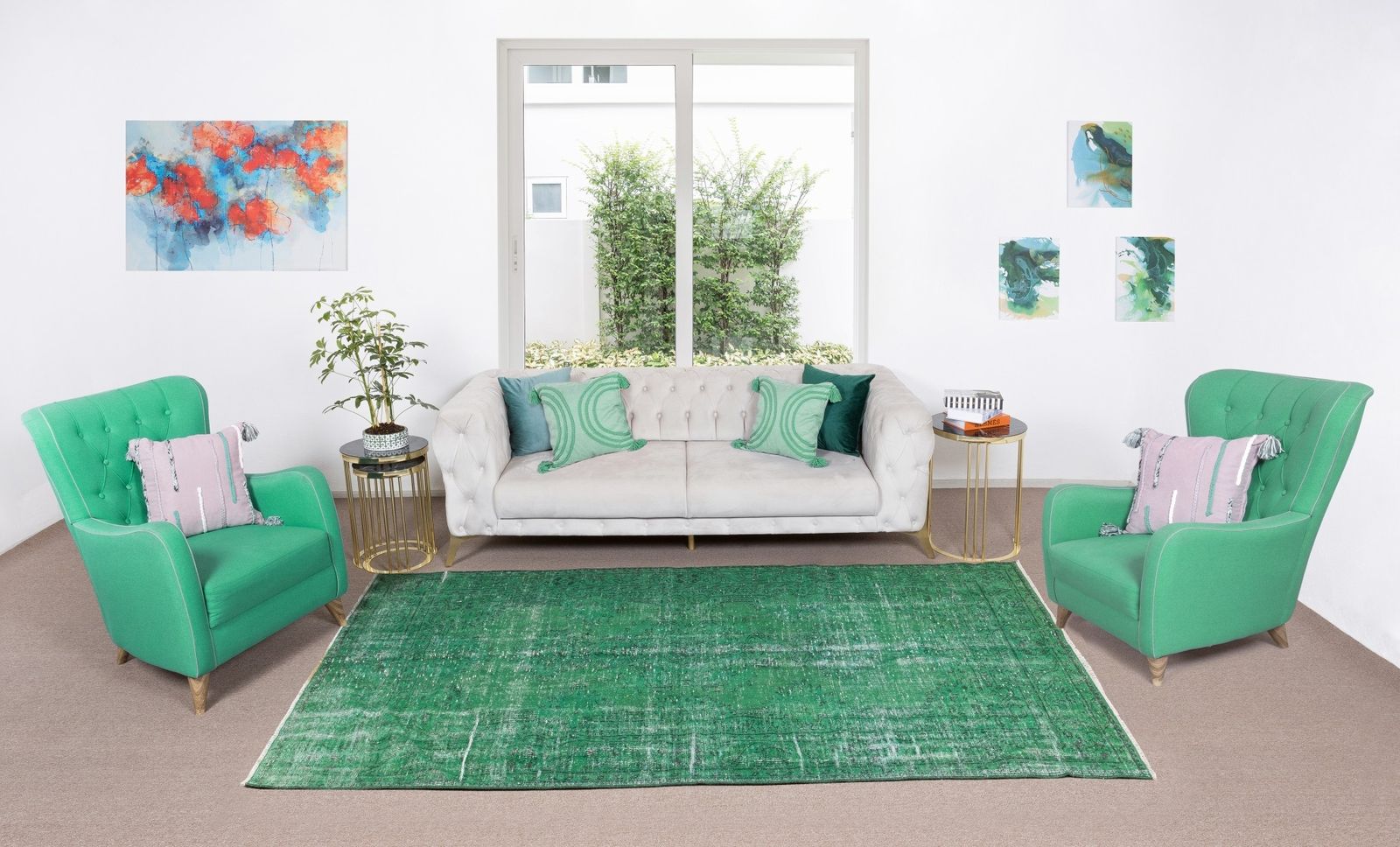 5.6x9 Ft Handmade Central Anatolian Vintage Wool Area Rug Over Dyed In Green photo furniture