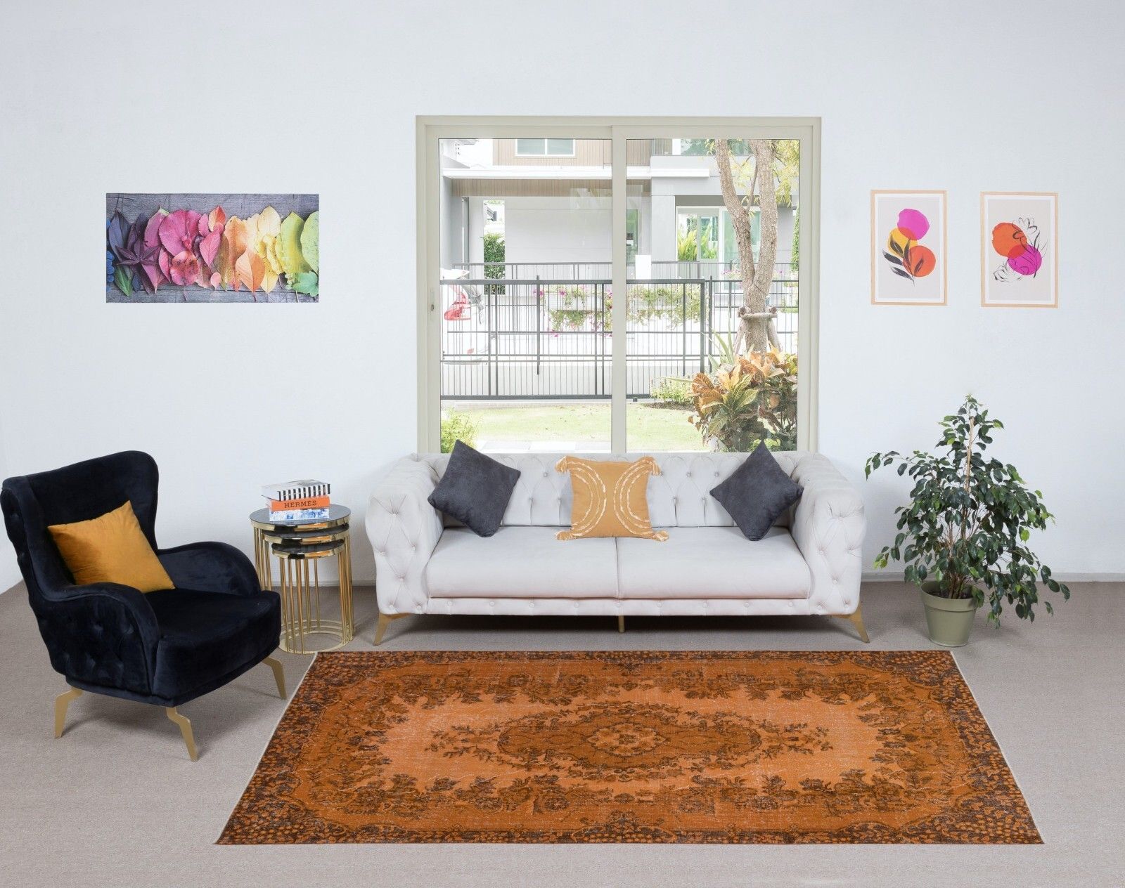 5.6x9.4 Ft Authentic Orange Rug For Modern Interiors, Handmade Anatolian Carpet photo furniture