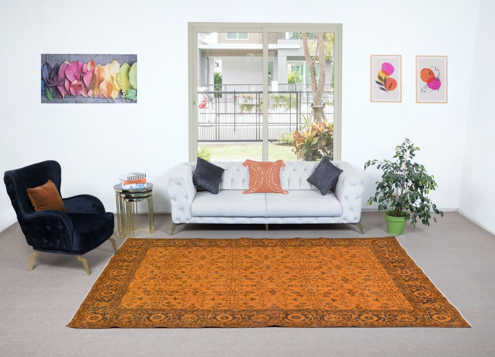 6.7x10.5 Ft Handmade Rug With All Over Botanical Design, Orange Turkish Carpet photo furniture