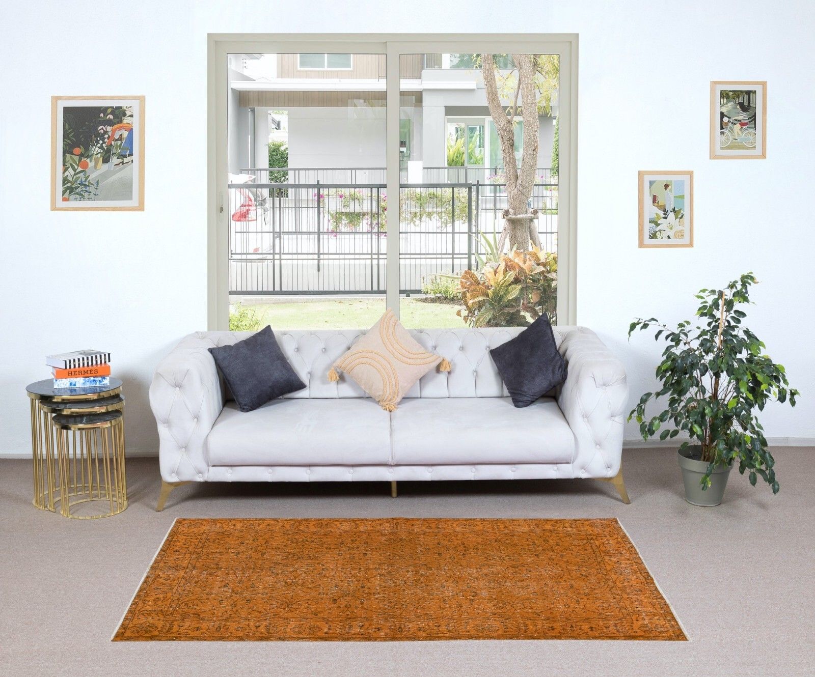 3.7x6.8 Ft Hand Made Turkish Accent Rug In Orange, Modern Floral Pattern Carpet photo furniture