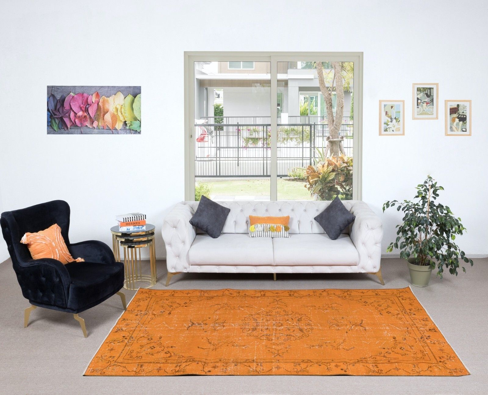 5.5x9.6 Ft Handmade Art Deco Rug, Orange Carpet For Dining Room & Living Room photo furniture