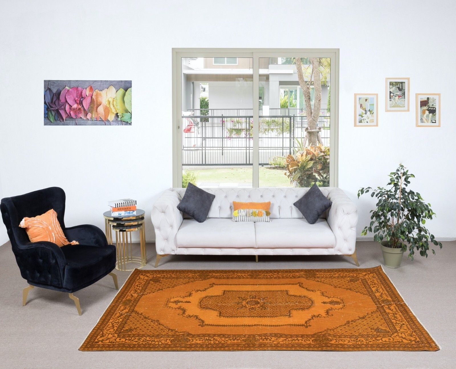 5.5x9 Ft Modern Handmade Turkish Area Rug With Medallion Design In Orange photo furniture