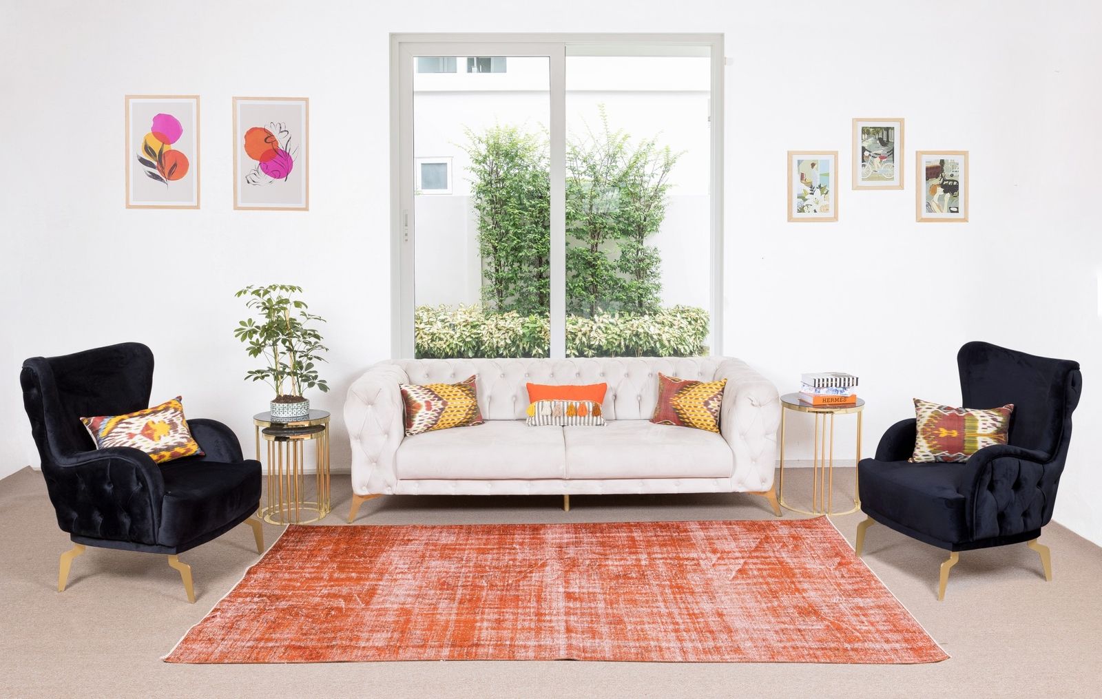 5.4x9.3 Ft Orange Re Dyed Rug, 1960s Turkish Handmade Carpet For Modern Interior photo furniture