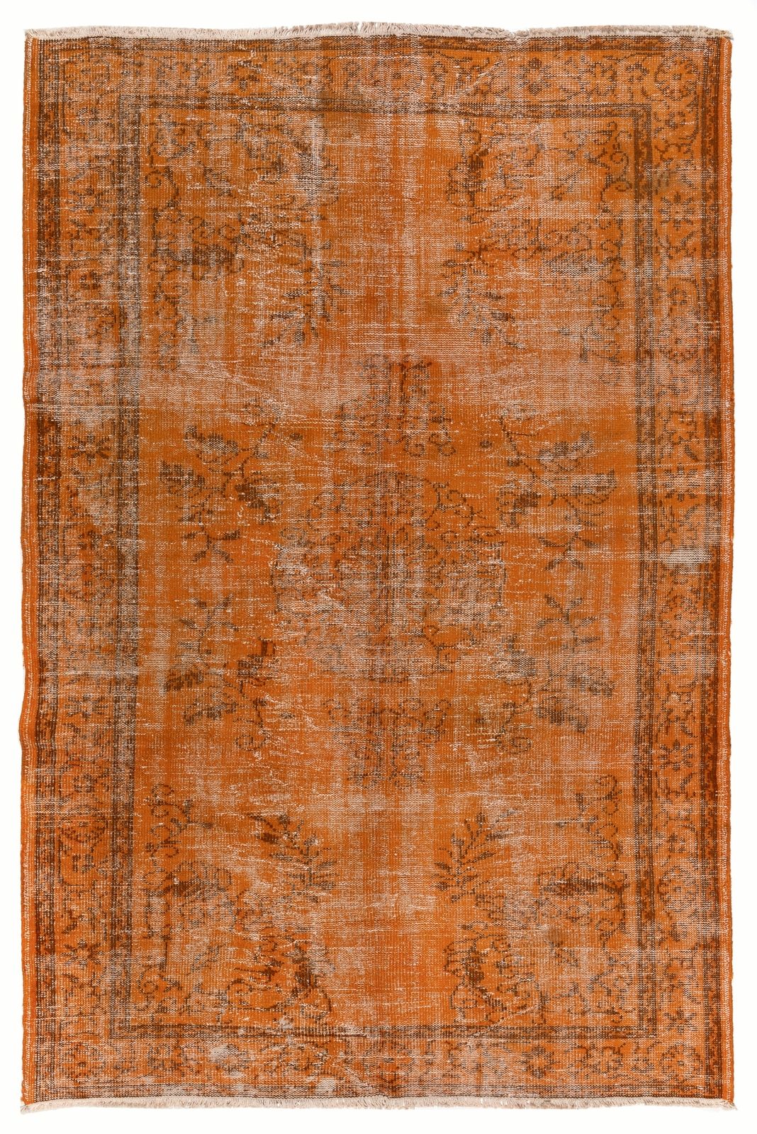 6x8.9 Ft Distressed Mid Century Area Rug Redyed In Orange, Handknotted In Turkey