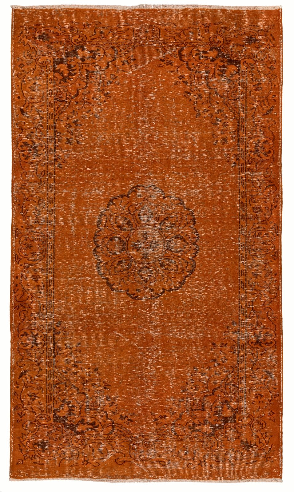5.6x9.3 Ft Authentic Vintage Area Rug Re Dyed In Orange, Handknotted In Turkey