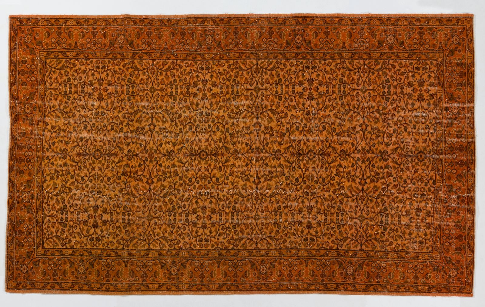 5.8x9.5 Ft Mid Century Floral Area Rug Re Dyed In Orange, Handknotted In Turkey photo furniture