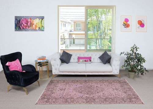 5.5x8.4 Ft Modern Wool Area Rug. Handmade In Turkey. Pink Color Living Room Rug photo furniture