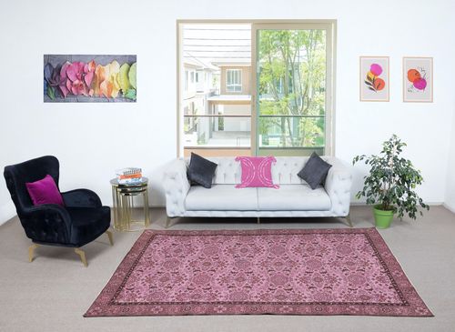 6x9.6 Ft Contemporary Handmade Floral Patterned Turkish Area Rug In Pink Color photo furniture
