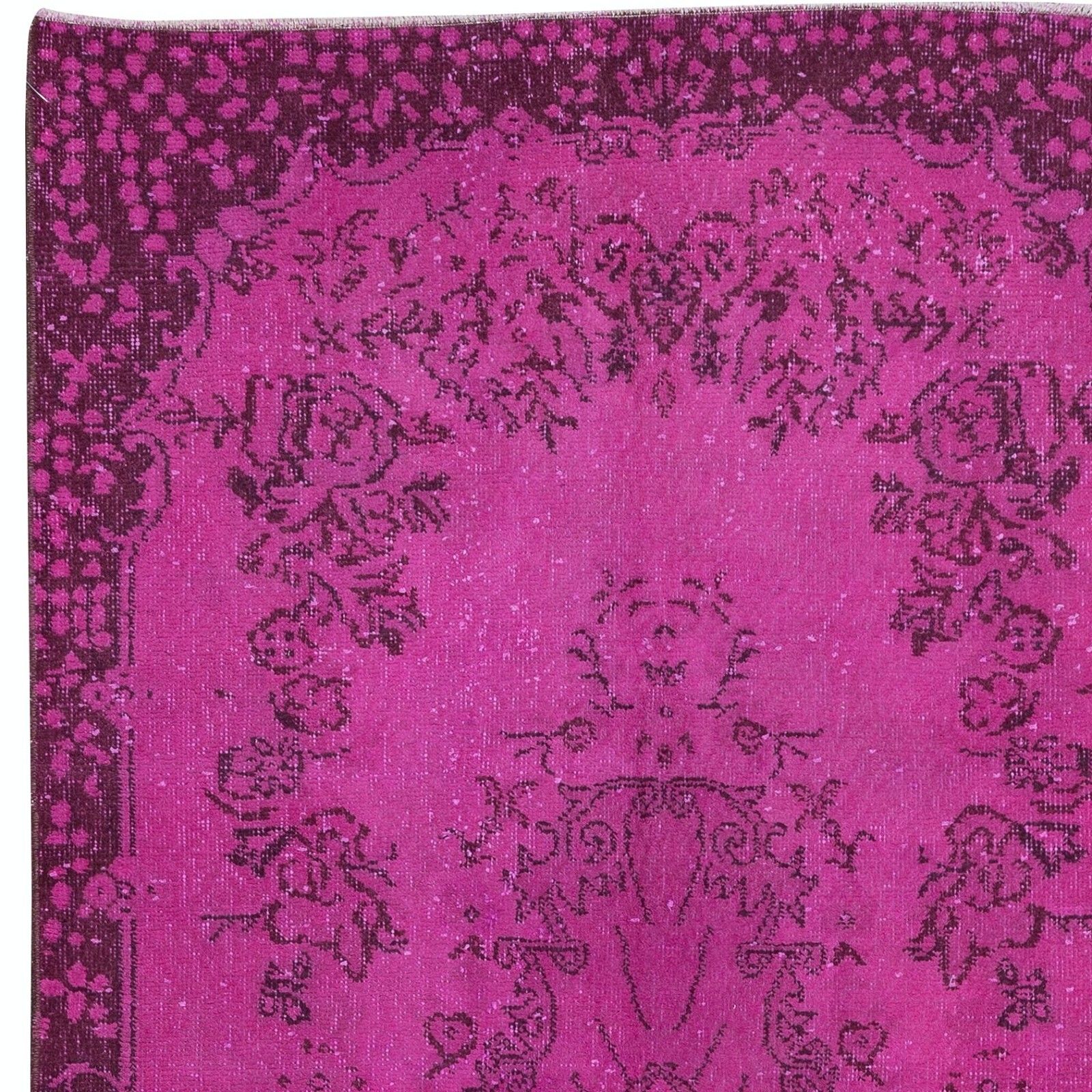 3.8x7.3 Ft Hot Pink Anatolian Wool Rug With Medallion, Modern Handmade Carpet photo Textiles