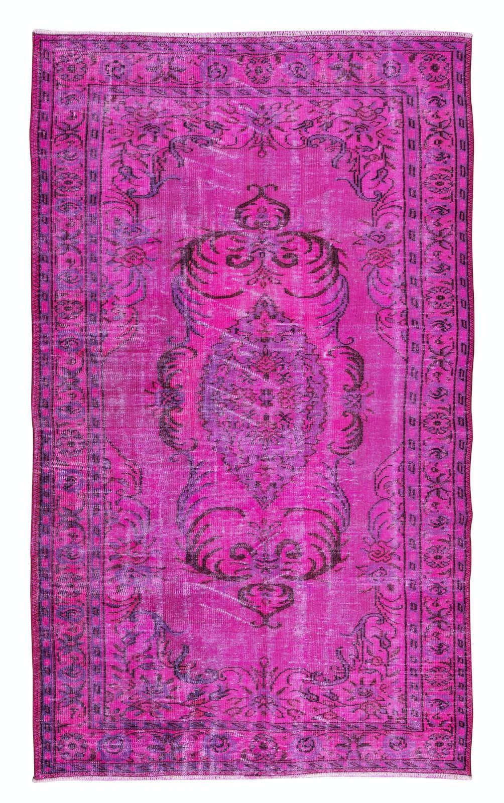 5.7x9.6 Ft Vintage Handmade Turkish Rug Over Dyed In Fuchsia Pink