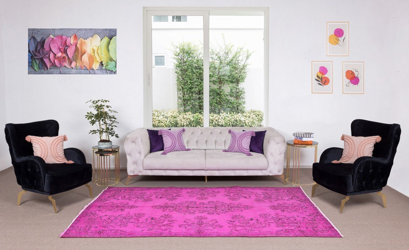 5.7x9.2 Ft Vintage Rug Over Dyed In Hot Pink For Living Room, Handmade In Turkey photo furniture