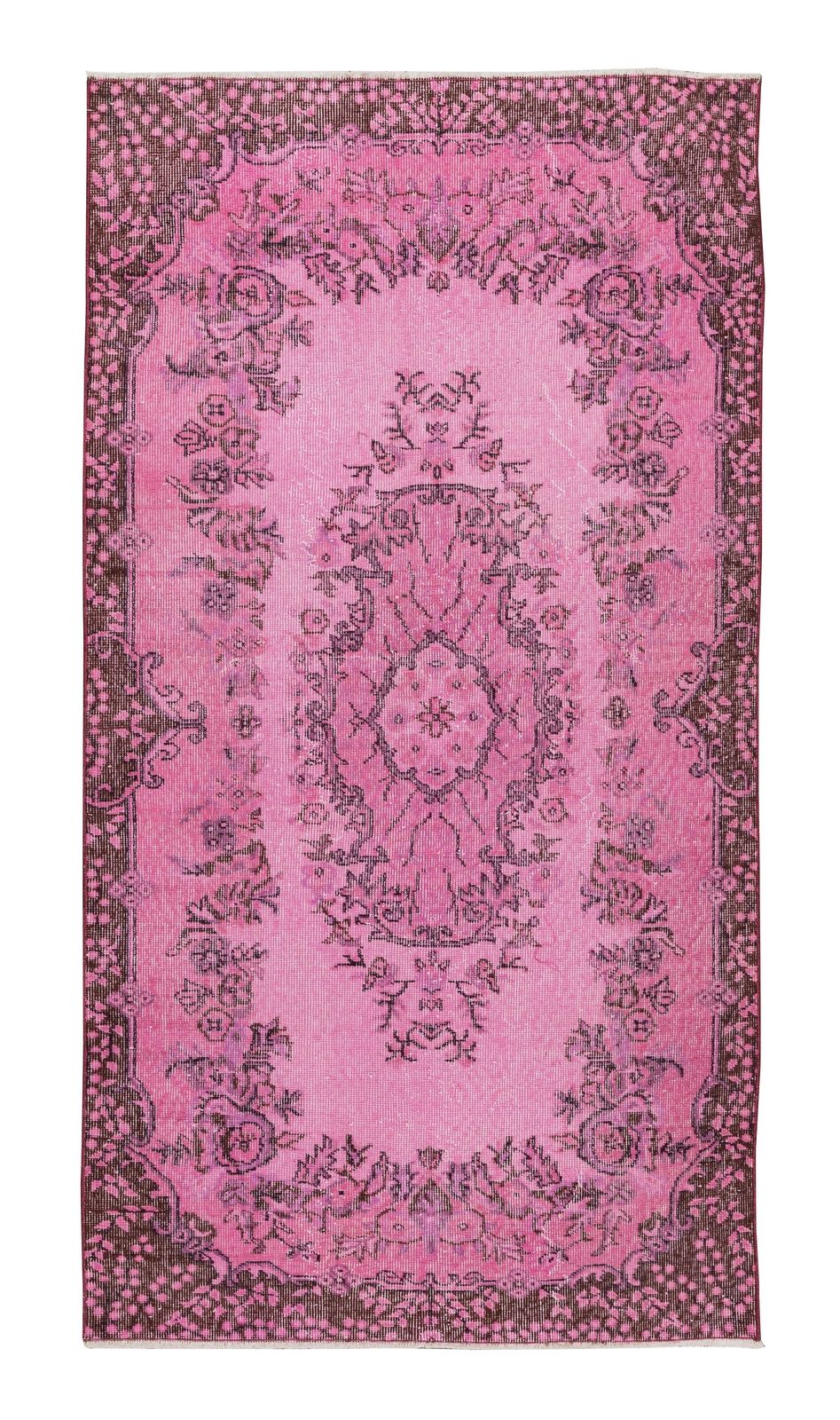 3.9x7.2 Ft Floral Medallion Design Vintage Handmade Turkish Rug Overdyed In Pink