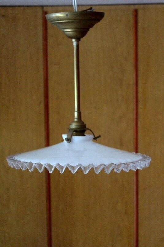 1930 Antique French Ceiling Light In White Glass Opaline And Brass   Complete