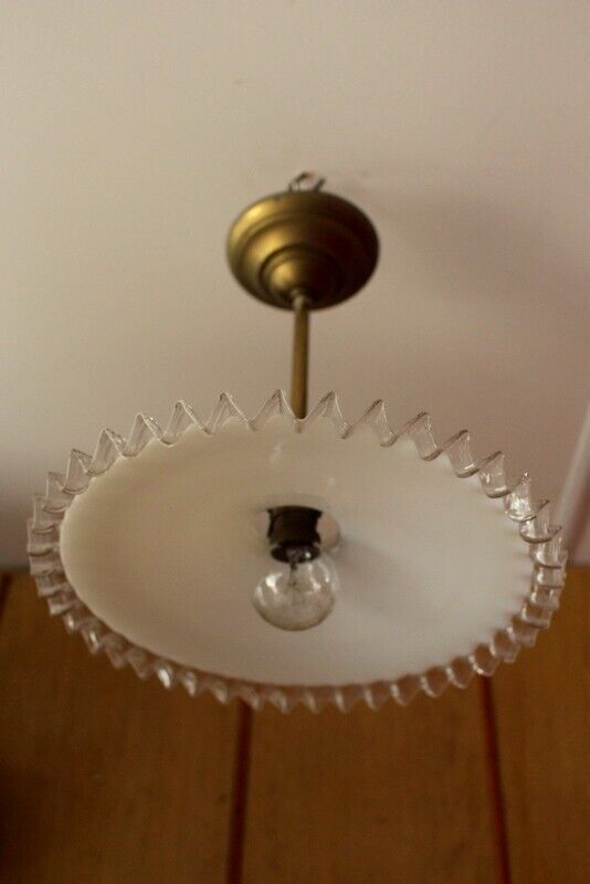 1930 Antique French Ceiling Light In White Glass Opaline And Brass   Complete photo furniture