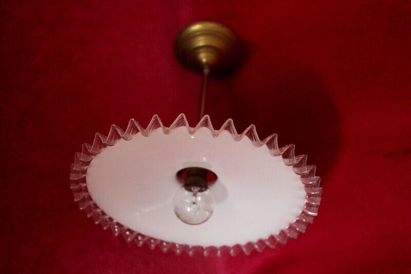 photo for sale 1930 Antique French Ceiling Light In White Glass Opaline And Brass   Complete