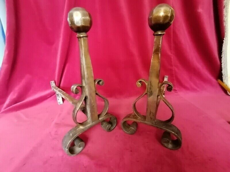A Pair French Vintage Antique Cast Iron And Brass Fireplace Andirons Fire Dogs