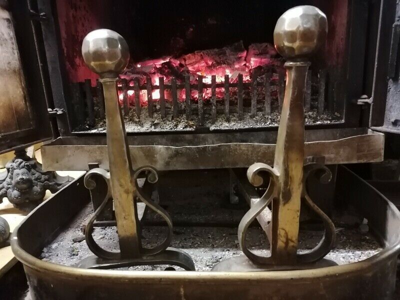 photo for sale A Pair French Vintage Antique Cast Iron And Brass Fireplace Andirons Fire Dogs