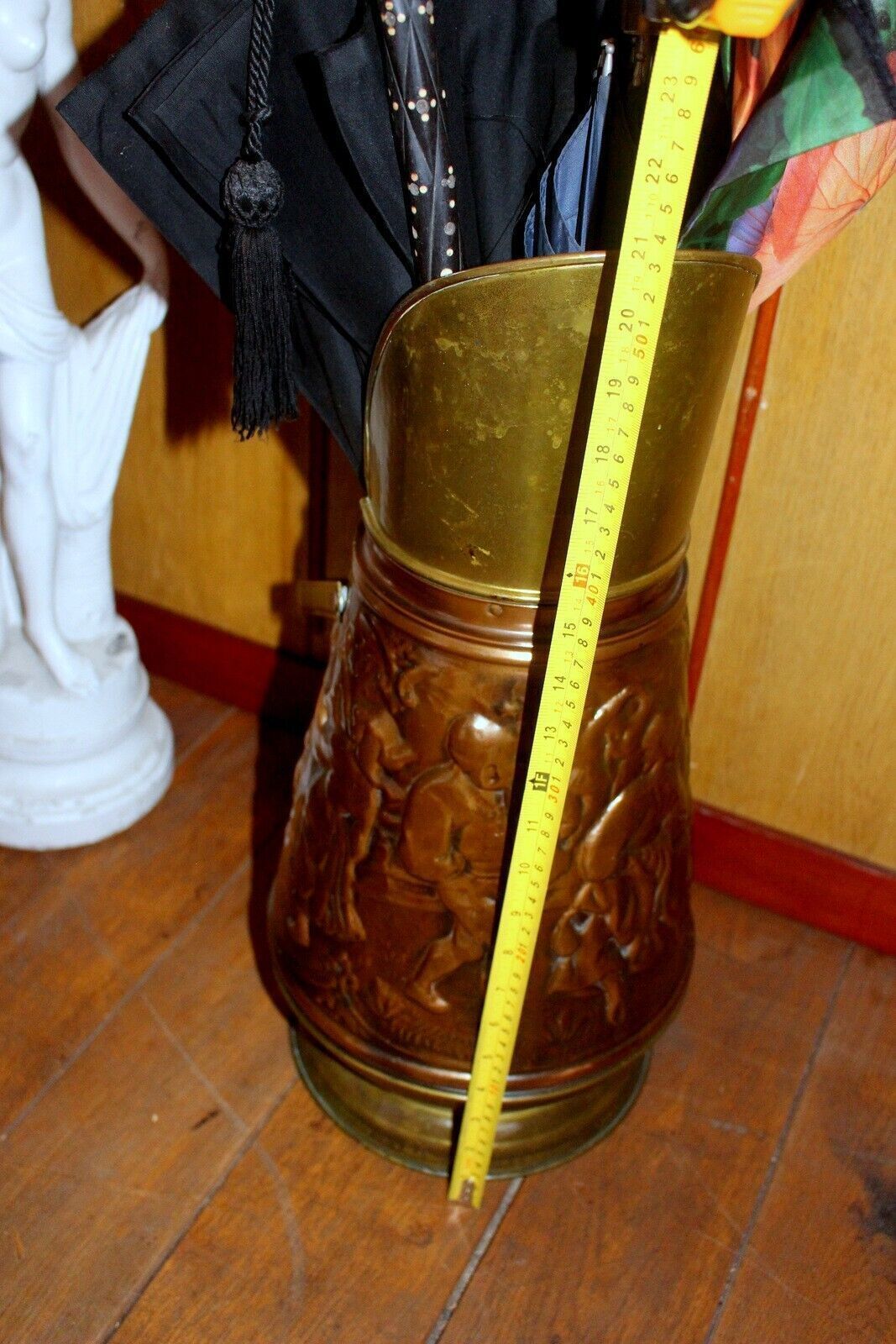 photo for sale Vintage French Embossed Brass & Copper Coal Scuttle 19th C. Heat Resistant