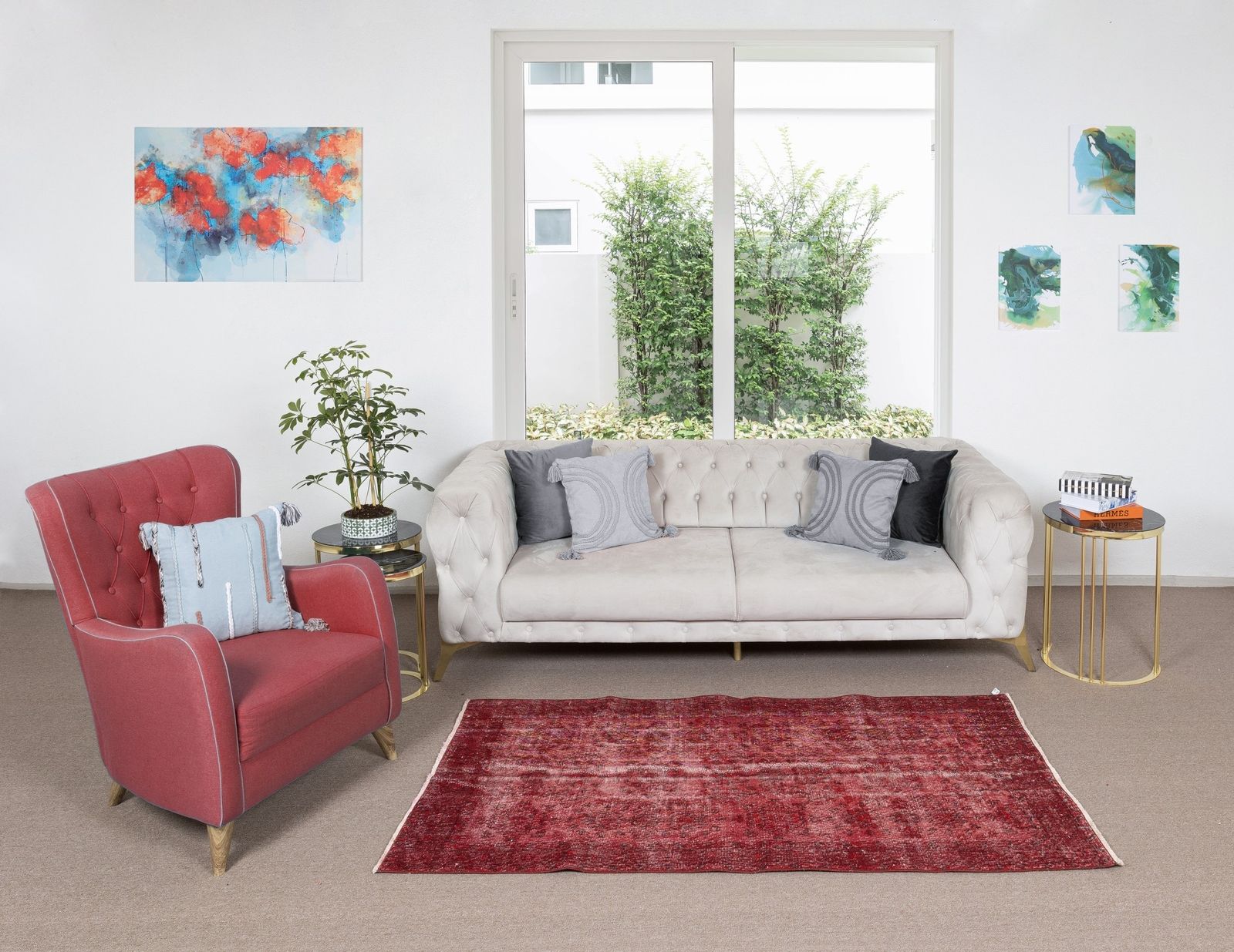 3.6x6.6 Ft Handmade Turkish Rug Over Dyed In Red, Decorative Vintage Carpet photo furniture