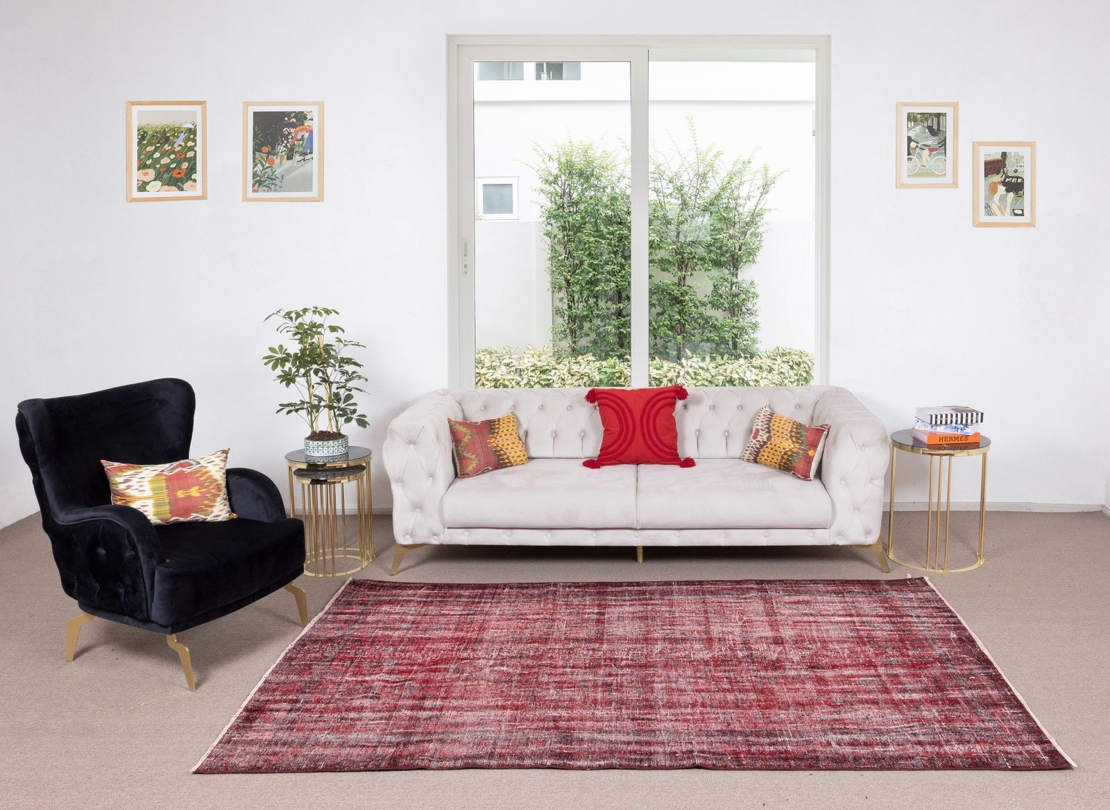 5.3x9 Ft Distressed Handmade Turkish Mid Century Wool Area Rug In Red photo furniture