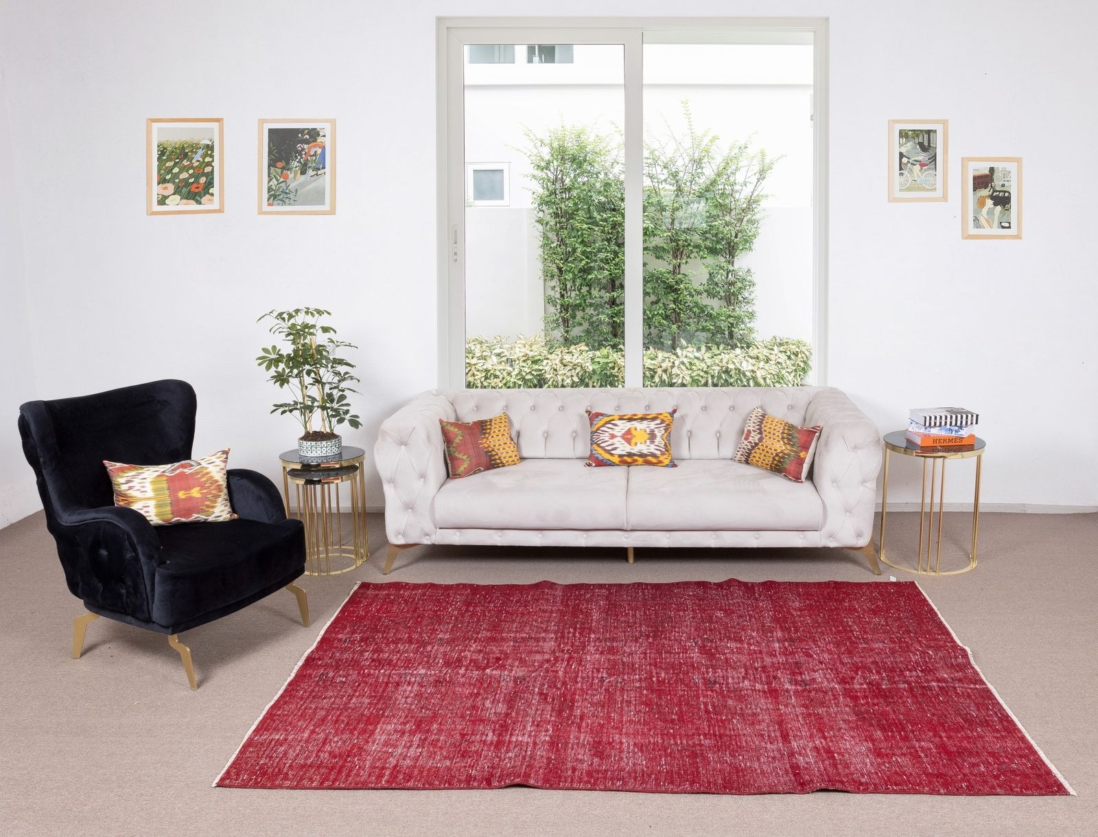 5.6x8.4 Ft Turkish 1960s Handmade Rug Over Dyed In Red For Modern Interiors photo furniture