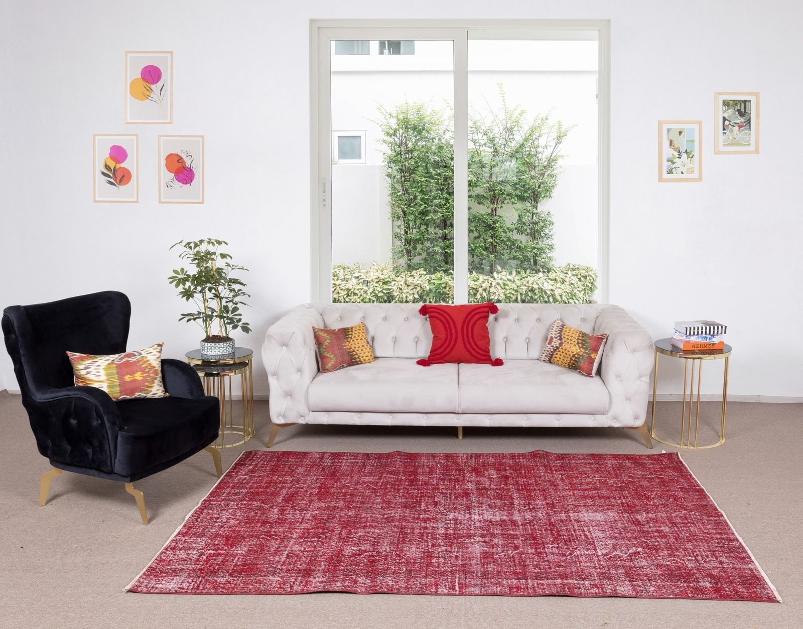5.3x8.6 Ft Handmade Midcentury Turkish Rug Over Dyed In Red For Modern Interiors photo furniture