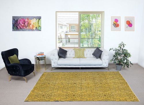 6.6x10 Ft Modern Handmade Turkish Floral Patterned Area Rug In Yellow Color photo furniture