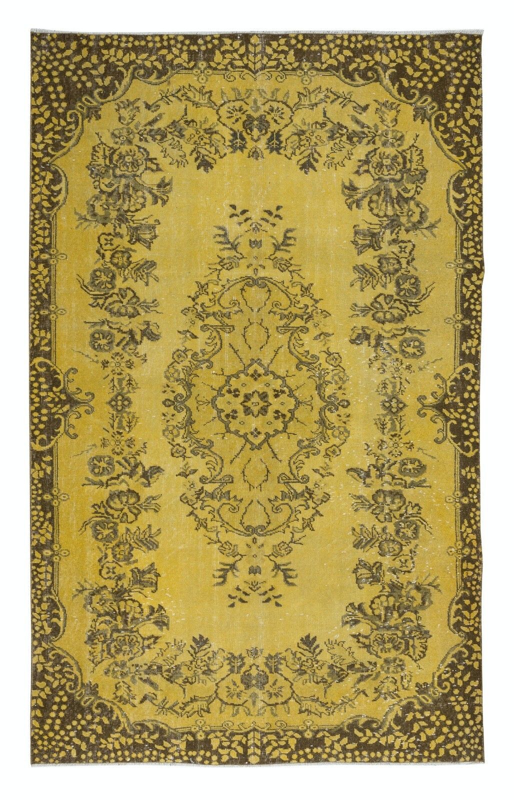 5.8x9.3 Ft Modern Handmade Turkish Rug With Medallion Design & Yellow Background