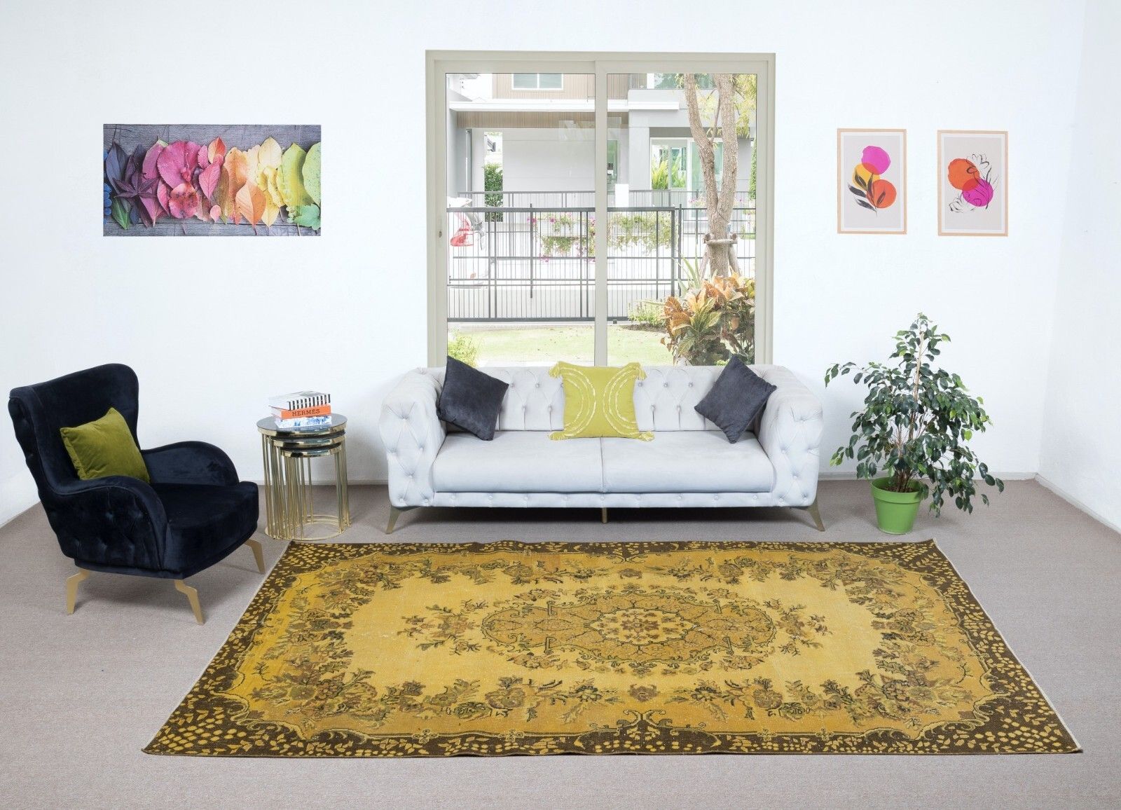 6.6x10.6 Ft Handmade Turkish Area Rug With Medallion Design & Yellow Background photo furniture