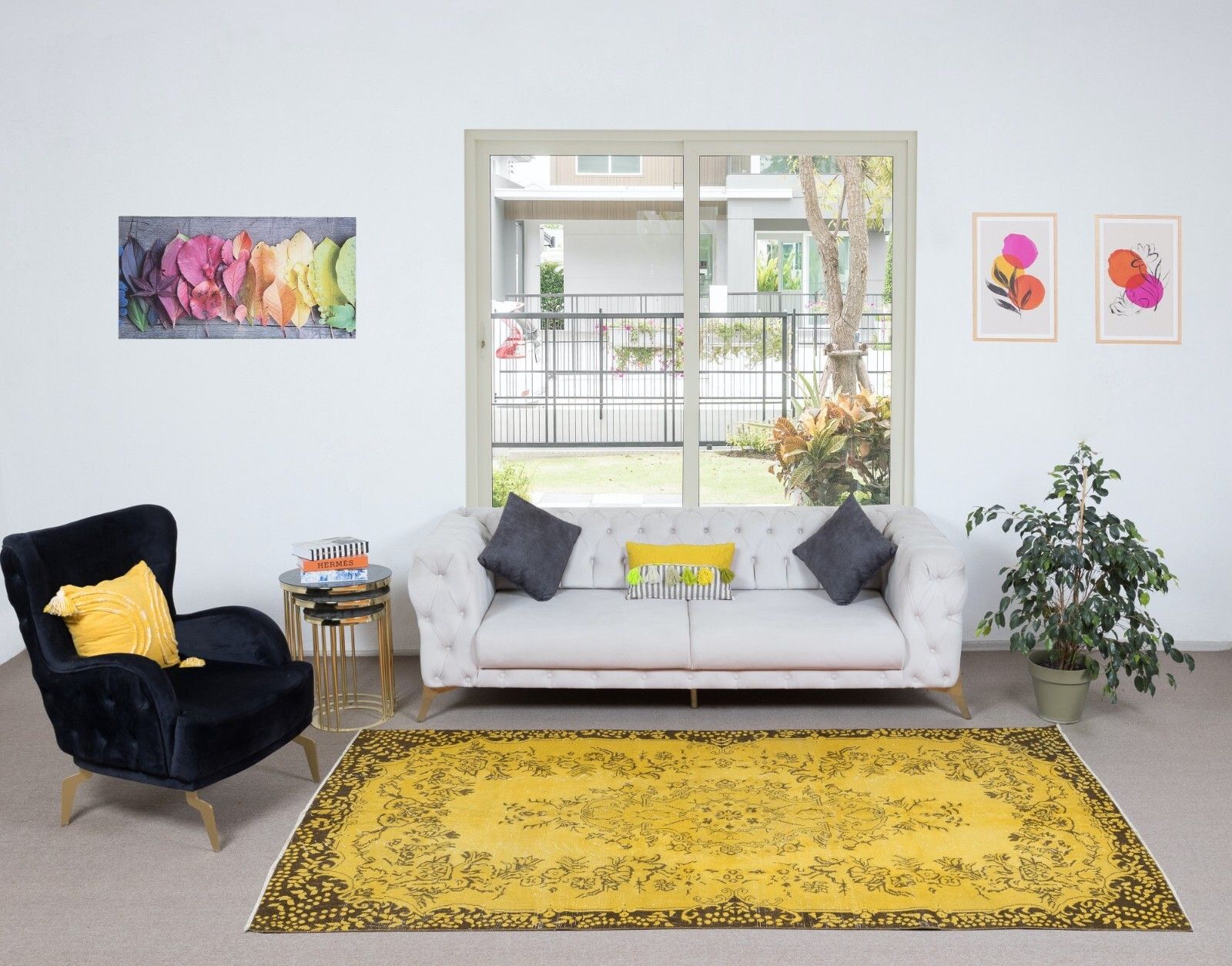 5.5x9.5 Ft Decorative Yellow Handmade Room Size Rug, Upcycled Turkish Carpet photo furniture