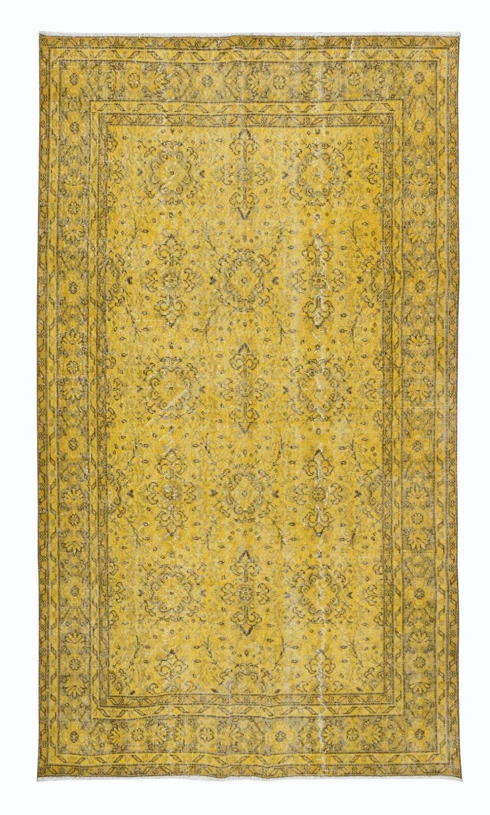 5x8.6 Ft Upcycled Handmade Turkish Floral Area Rug, Yellow Over Dyed Carpet