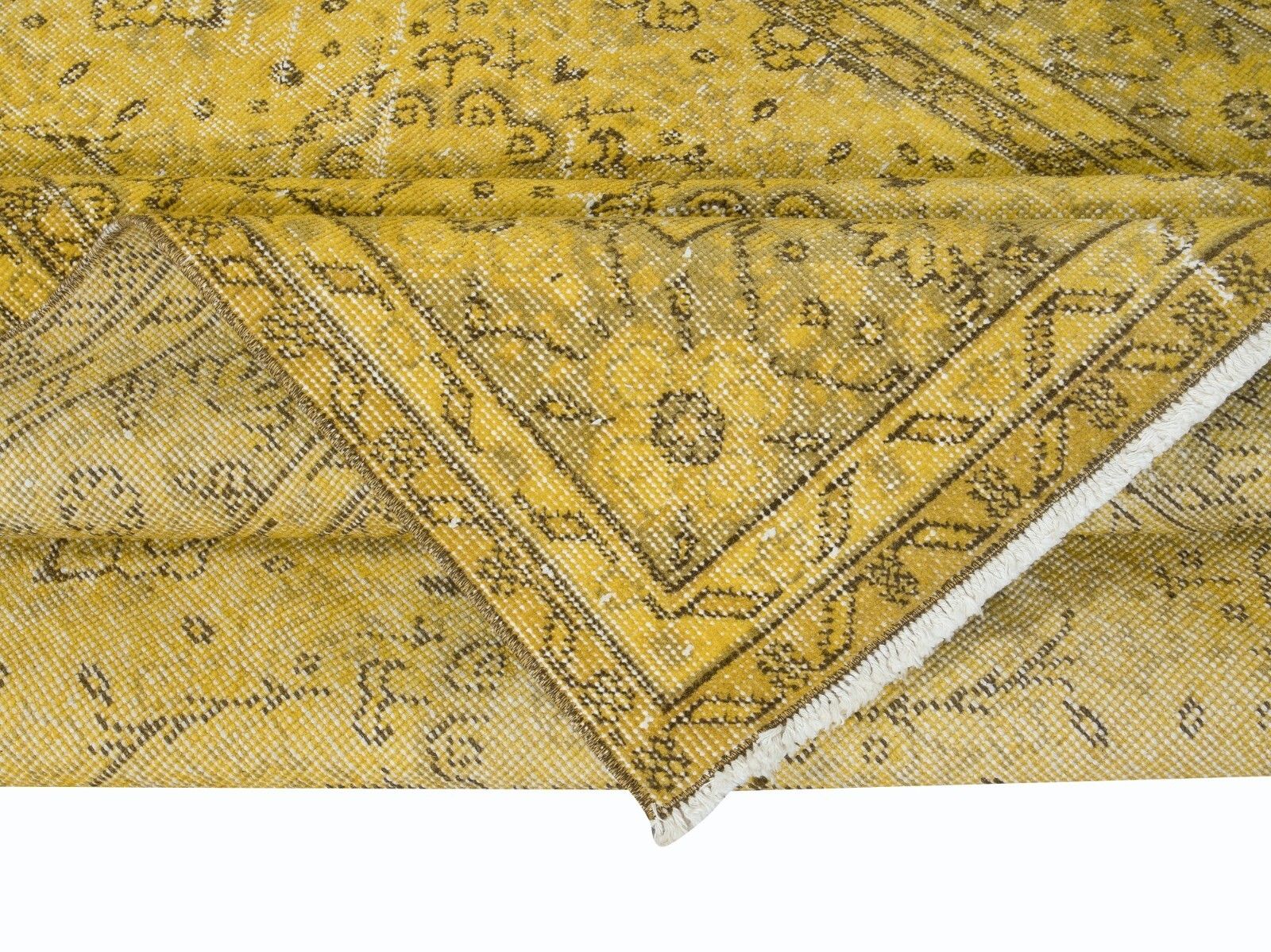 5x8.6 Ft Upcycled Handmade Turkish Floral Area Rug, Yellow Over Dyed Carpet photo for sale