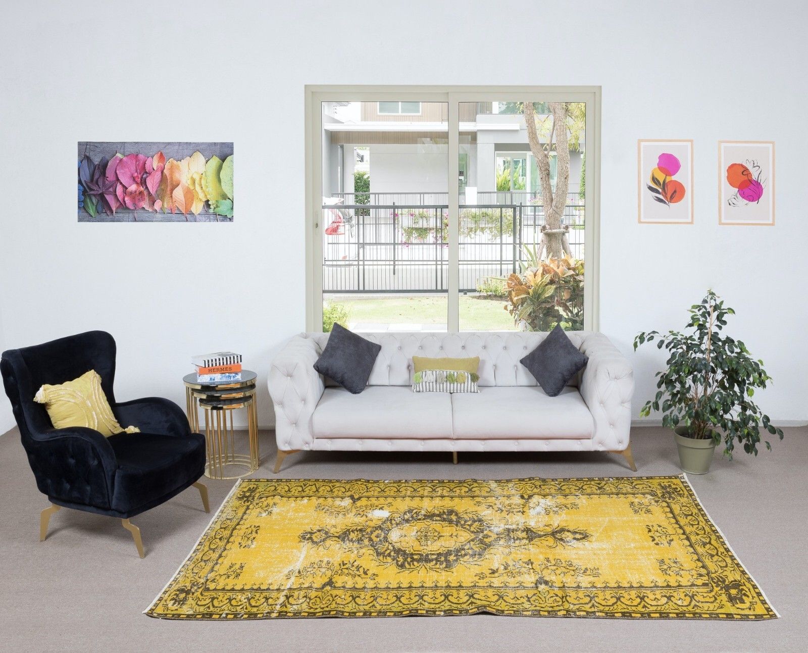 5.4x8.7 Ft Yellow Rug For Modern Interiors, Hand Knotted In Central Anatolia photo furniture