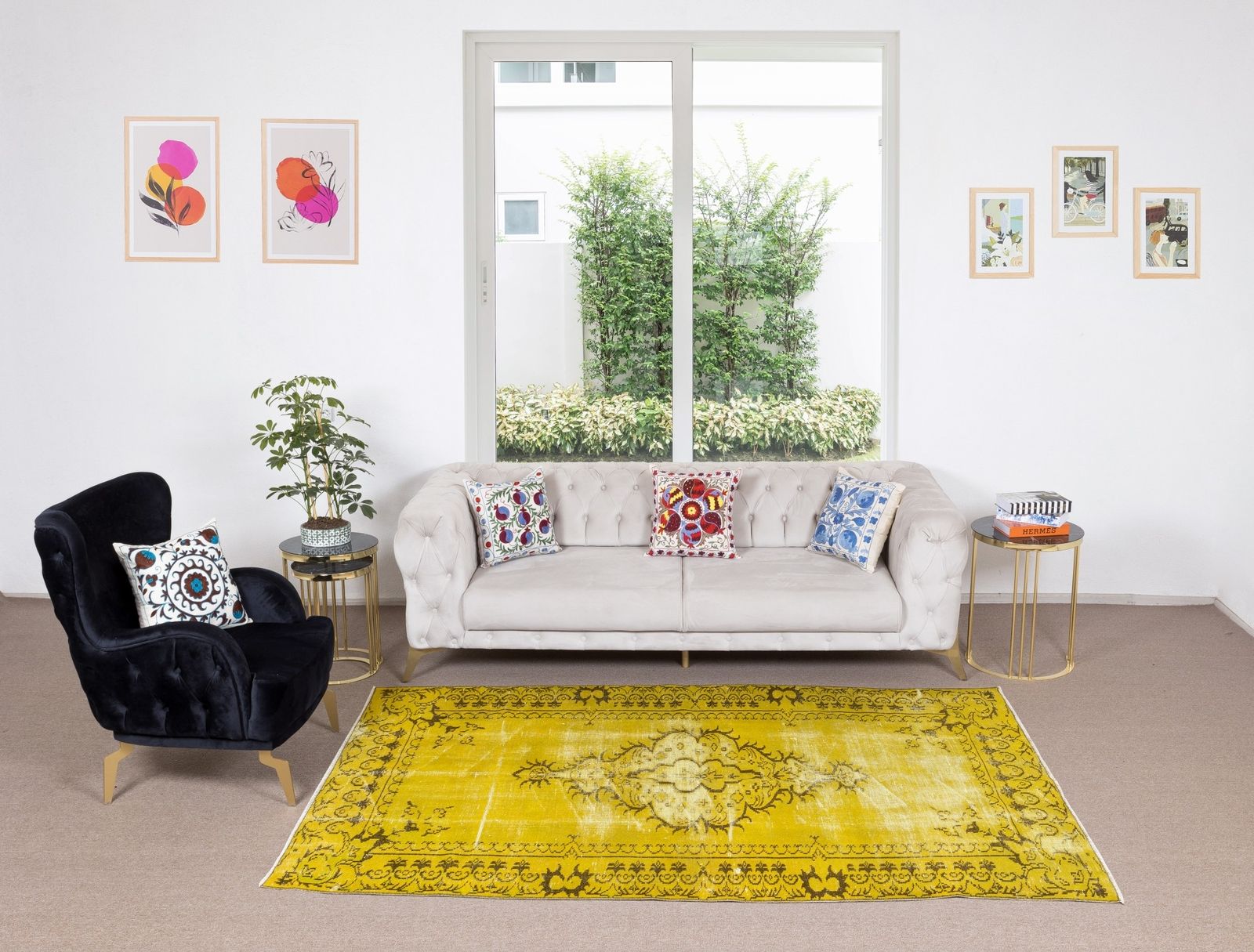 5.2x8.3 Ft Vintage Handmade Turkish Rug Overdyed In Yellow With Medallion Design photo furniture