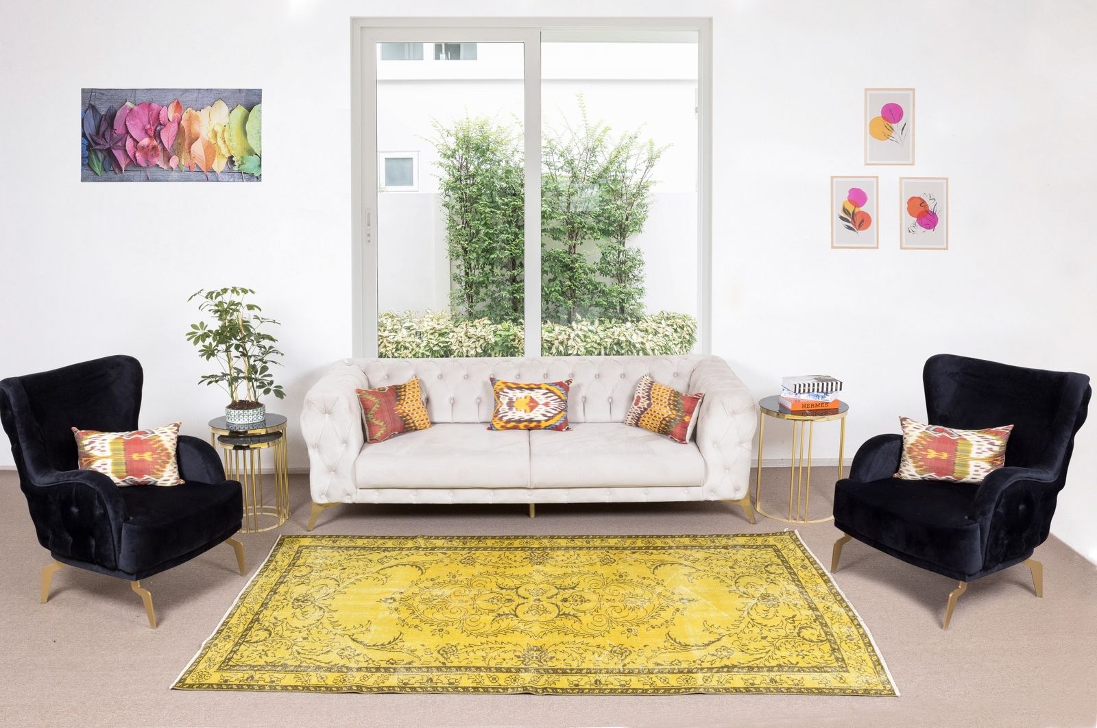 5.4x8.9 Ft Medallion Pattern Yellow Over Dyed Rug, 1960s Turkish Handmade Carpet photo furniture
