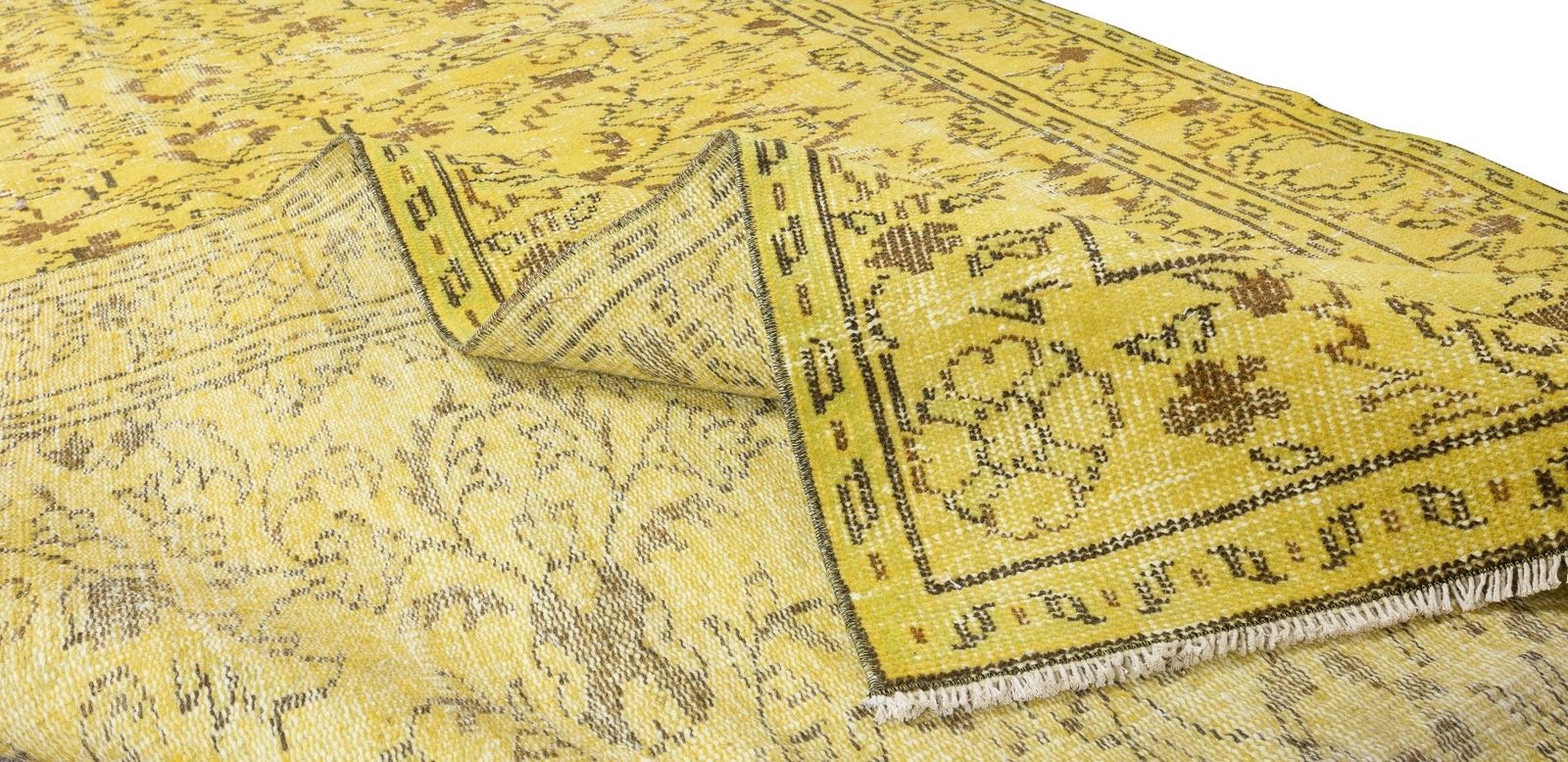 5.6x9 Ft Floral Pattern Yellow Over Dyed Rug, 1960s Turkish Handmade Wool Carpet photo for sale
