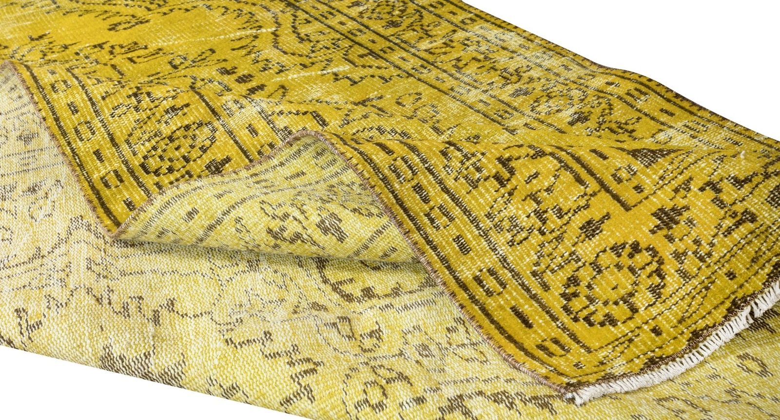 4.5x7.6 Ft Vintage Turkish Wool Rug Over Dyed In Yellow, Handmade Yellow Carpet photo for sale