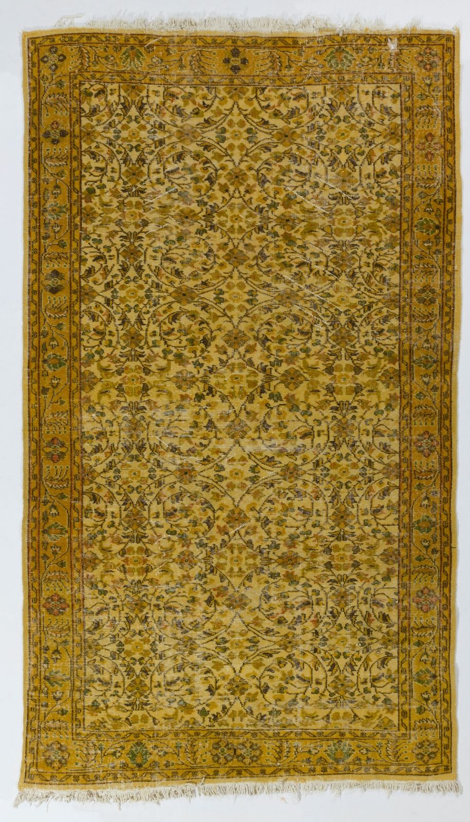 5.3x9 Ft Vintage Floral Design Rug Over Dyed In Yellow, Handknotted In Turkey