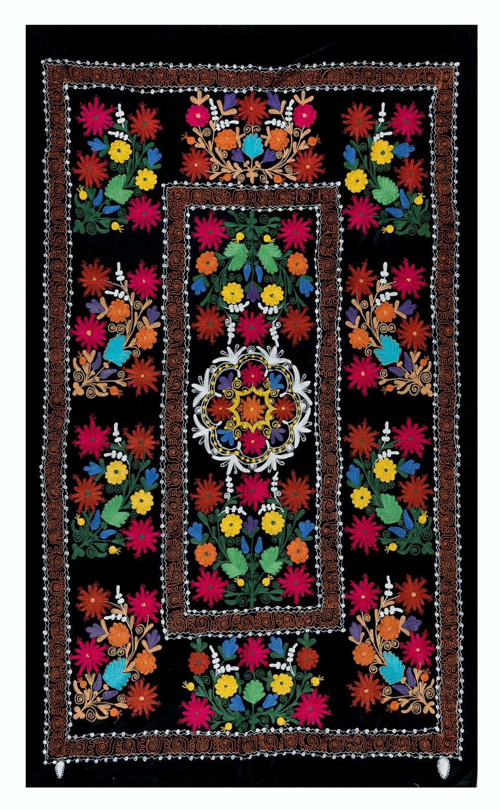 4.2x6.6 Ft Vintage Silk Hand Embroidery Bed Cover, Uzbek Suzani Wall Hanging