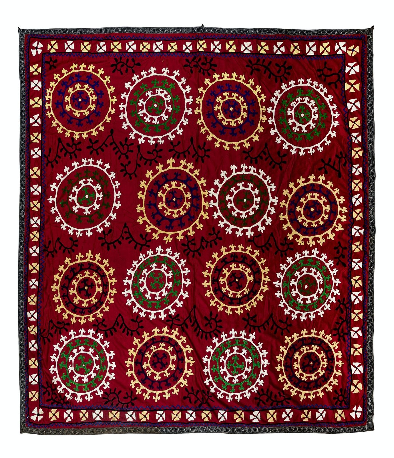 6.8x7.2 Ft Vintage Silk Hand Embroidery Bed Cover, Asian Suzani Wall Hanging
